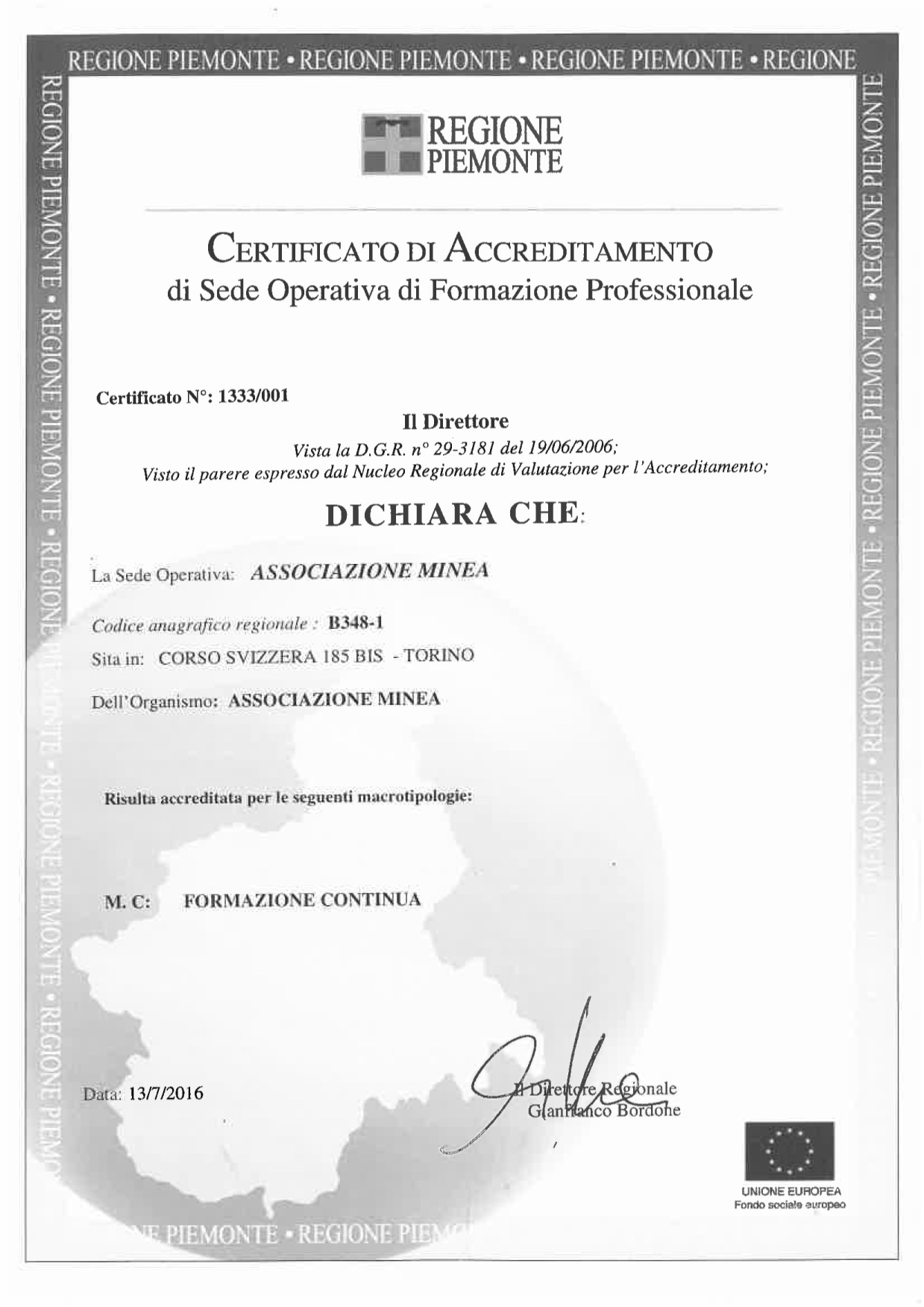 Certificato accreditamento Regionale Minea
