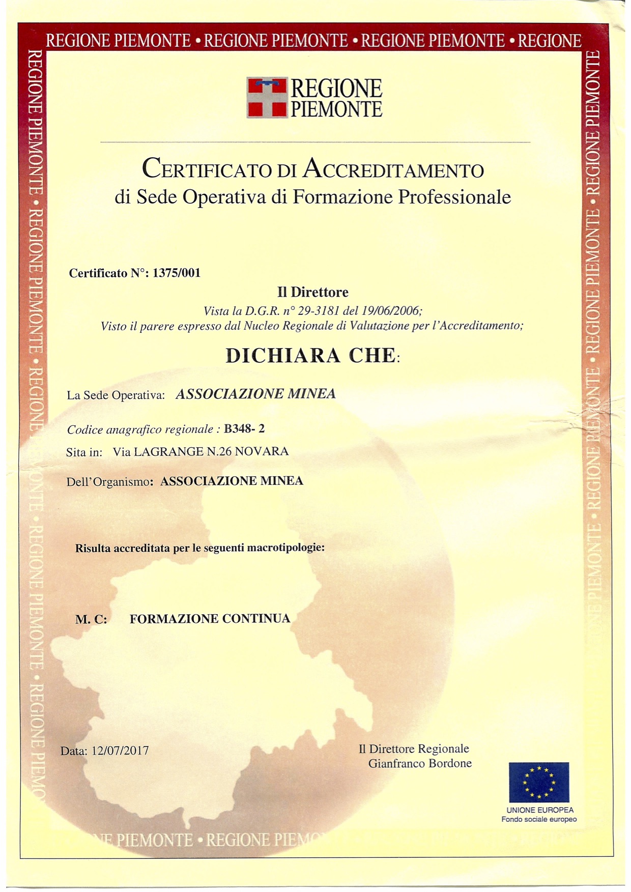 Certificato accreditamento Regionale Minea