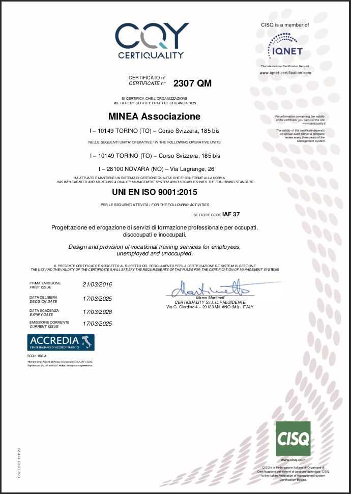 Certificato qualità CQY