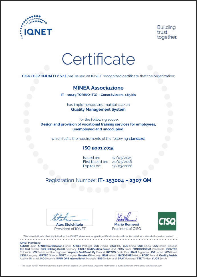 Certificato qualità CQY